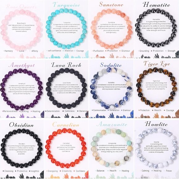 Crystal Beaded Bracelets Set 12pcs Semi-Precious Gemstones Unisex Adjustable - Picture 1 of 7
